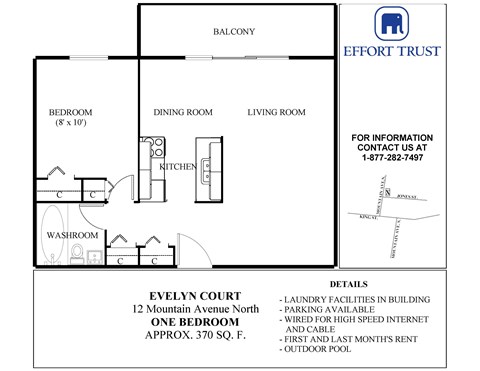 Floor plan for 1 bed, 1 bath, 700 sqft